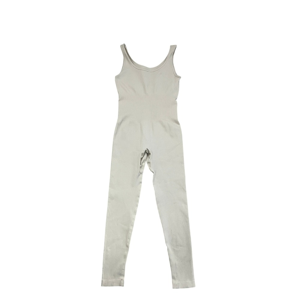 OQQ Womens Ribbed Seamless Jumpsuit Cream Off White Scoop Neck Tank Bodysuit M